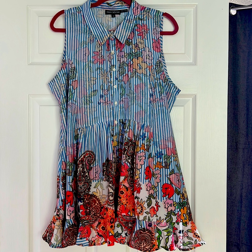 NWT Tolani Collection tunic/mini dress. Pretty blue pin stripe multi-floral top.